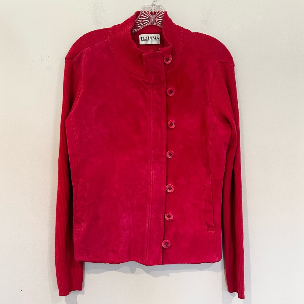 Tehama Nancy Haley Suede Ribbed Knit Sleeves Jacket Women's Medium Fuchsia‎